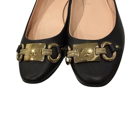 Kate Spade New York Black Leather Ballet Flats Phoebe Size 8 Slip on Gold Logo - Picture 4 of 6